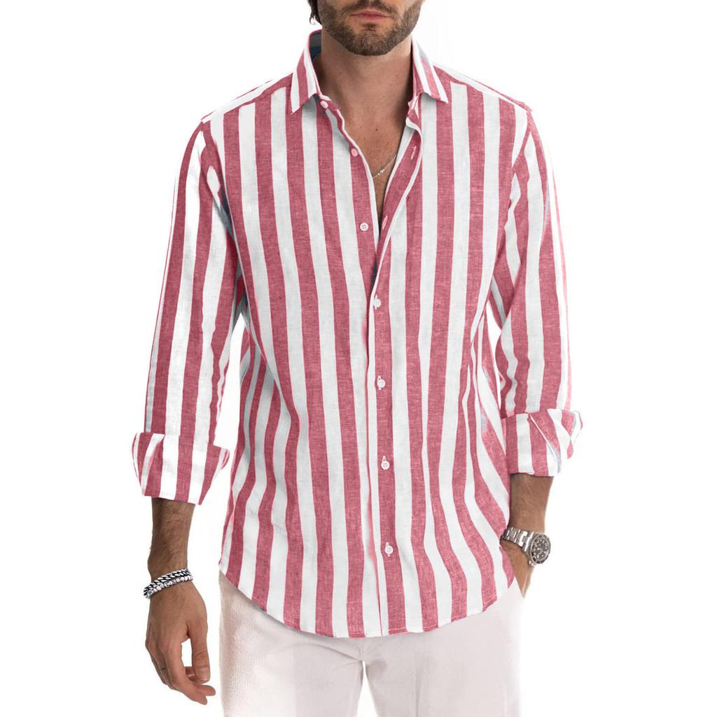 Men's Long Sleeves Flip Collar Stripes Loose Shirt