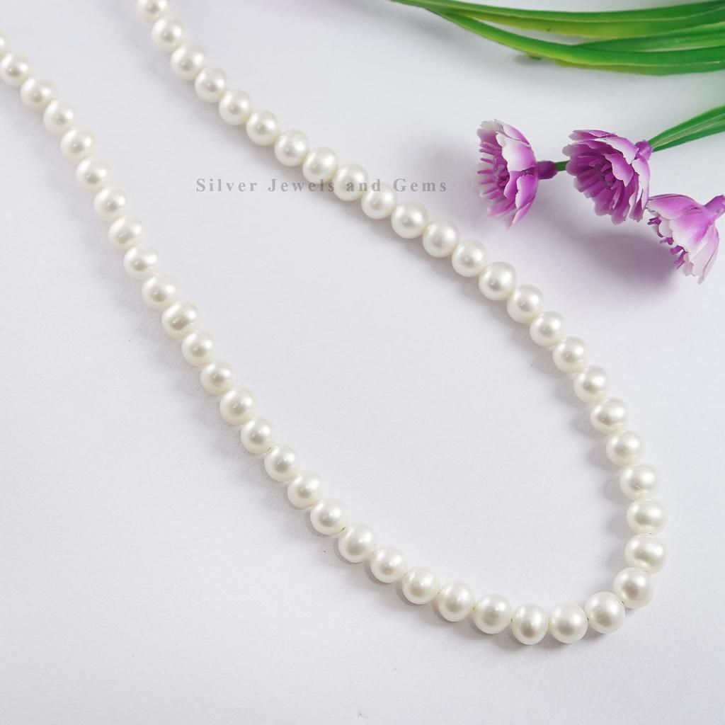 Freshwater Pearl Choker Necklace: 7mm Round, Sterling Silver Necklace