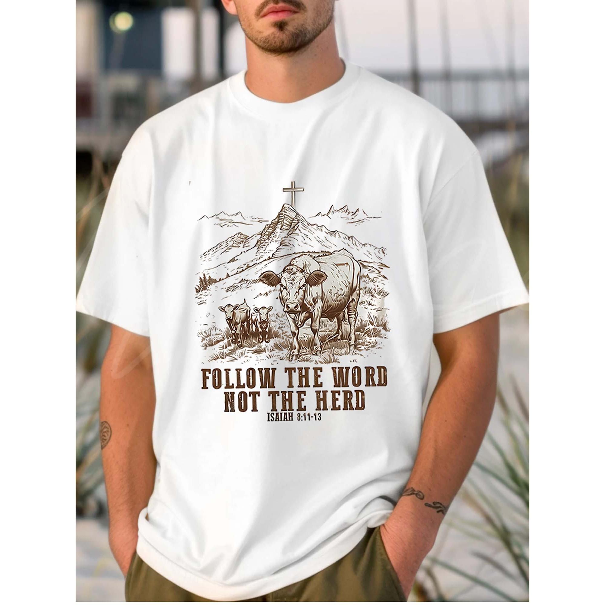 Follow The Word Not The Herd Biblical Cow Graphic Print Men s Cotton T-Shirt Casual Round Neck Tee S