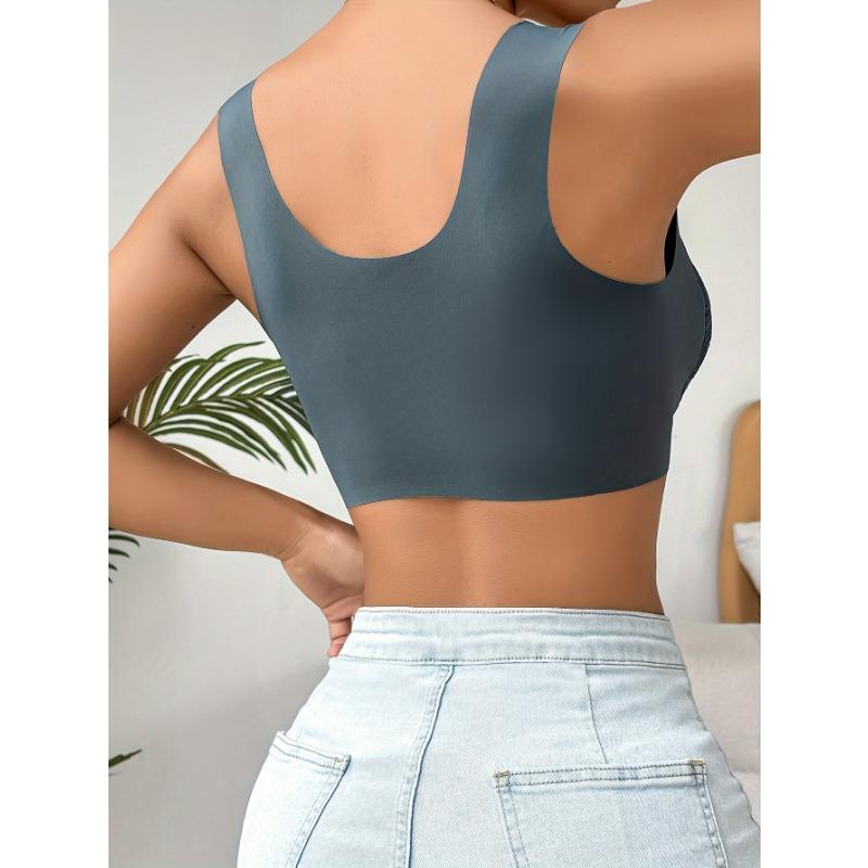 Simple Solid Contrast Lace Front Buckle Bra, Comfy & Breathable Wireless Push Up Bra, Women's Lingerie & Underwear