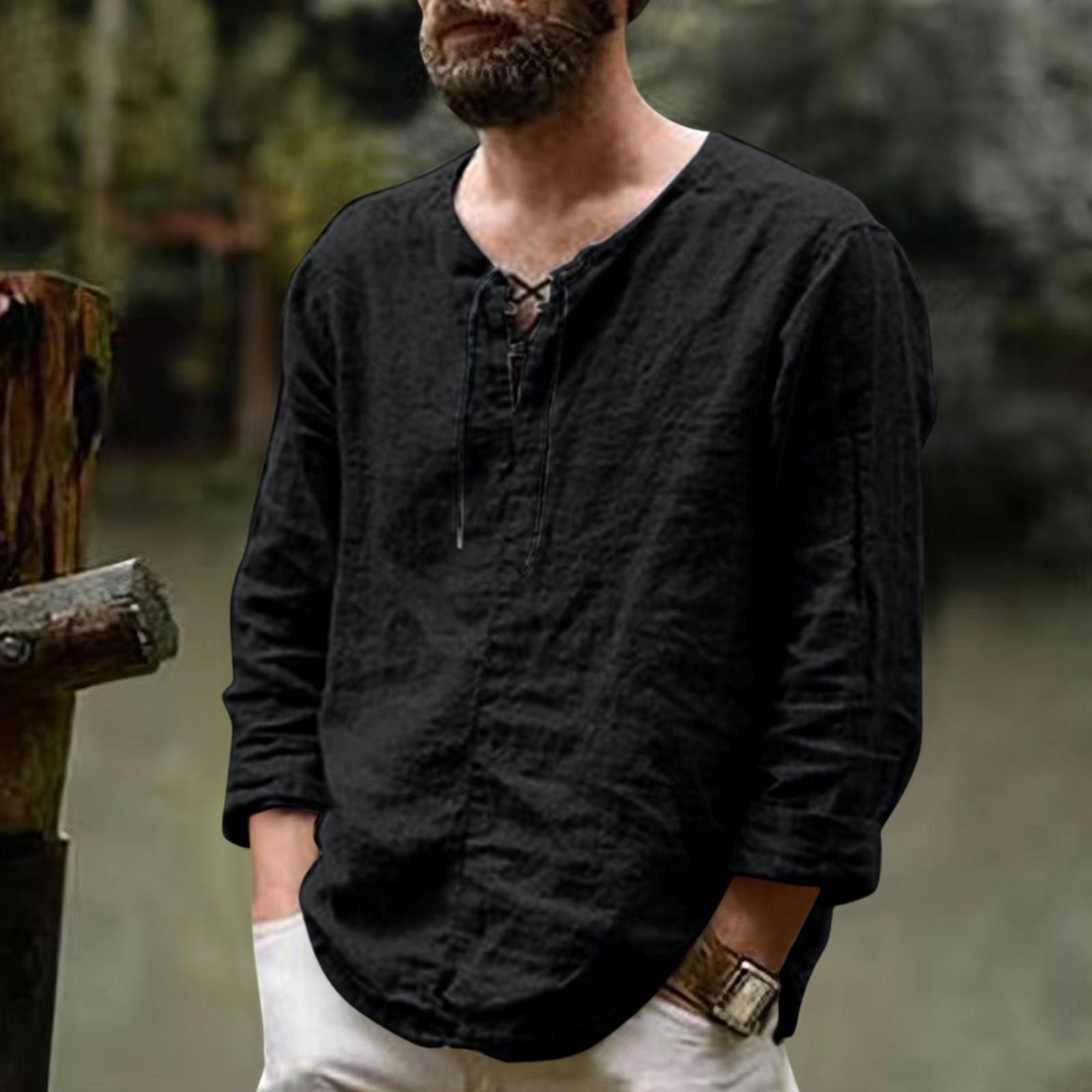 

Мужская новая однотонная однотонная модная хлопково-льняная рубашка с длинными рукавами, топ с завязками XXXL чёрный