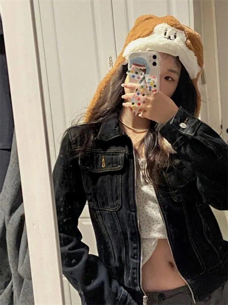 2024 Zipper Jeans Solide Streetwear Mäntel Frauen Mode Taschen Y2k Ästhetische Jacke Weibliche Drehen Unten Kragen Punk Vintage Denim Jacken 2024