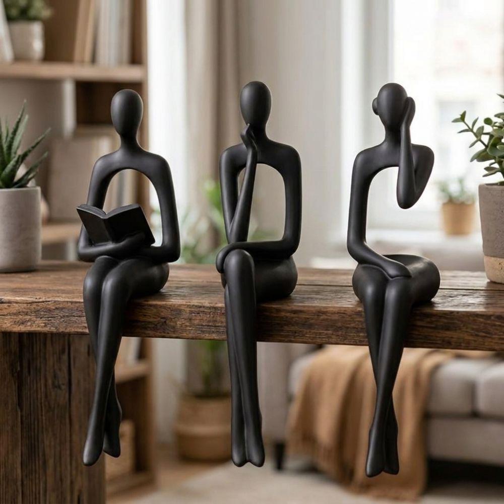 Ensemble de 3 Sculptures Humaines Assises Abstraites Imprimées en 3D Ornement Artistique Figurine Minimaliste Bureau