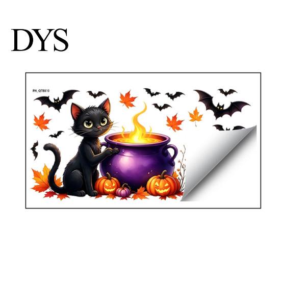 Non Marking Skeleton Bat Wall Art Cute Halloween Decals, Black Cat Witch Pumpkin Stickers, Fall Removable Festive Seasonal Interior Accents