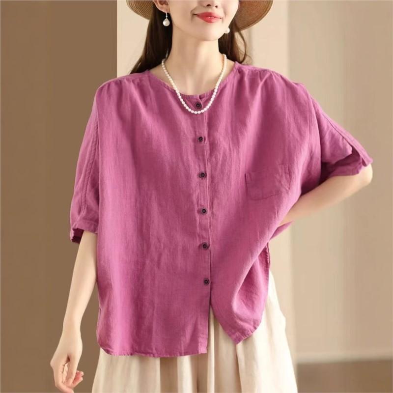 Johnature Women Vintage Shirts Tops Summer O-Neck Short Sleeve Blouses Solid Color Button Female Shirts