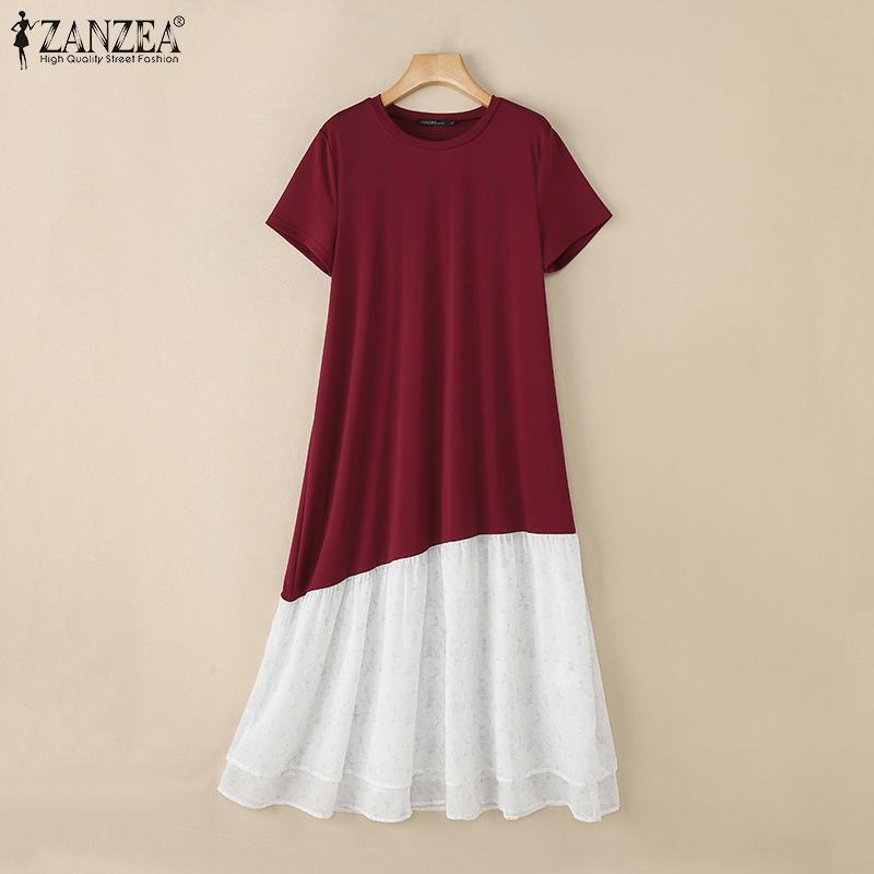 ZANZEA Women Casual Round Neck Short Sleeve Print Ruffled Patchwork Dress