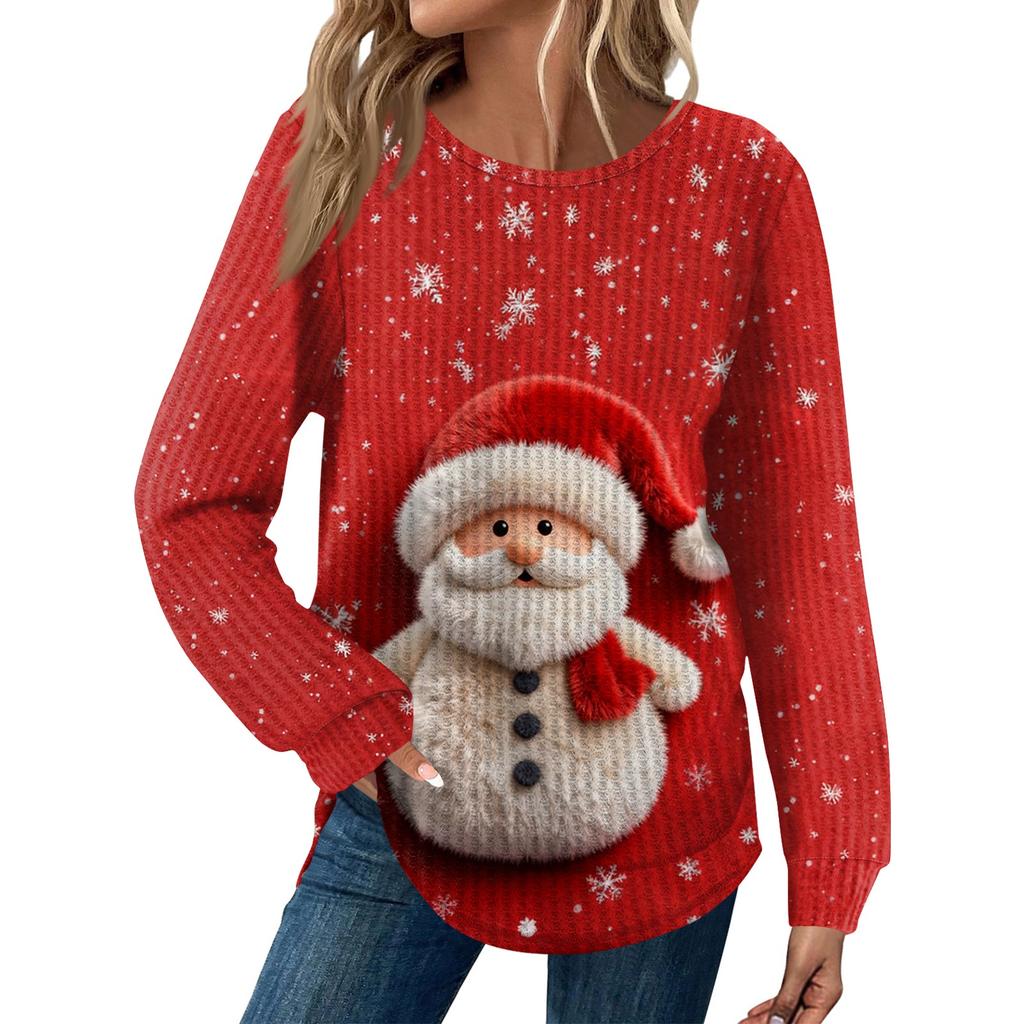 Dámská móda Ležérní Volný Top s kulatým výstřihem a dlouhým rukávem s vánočním potiskem