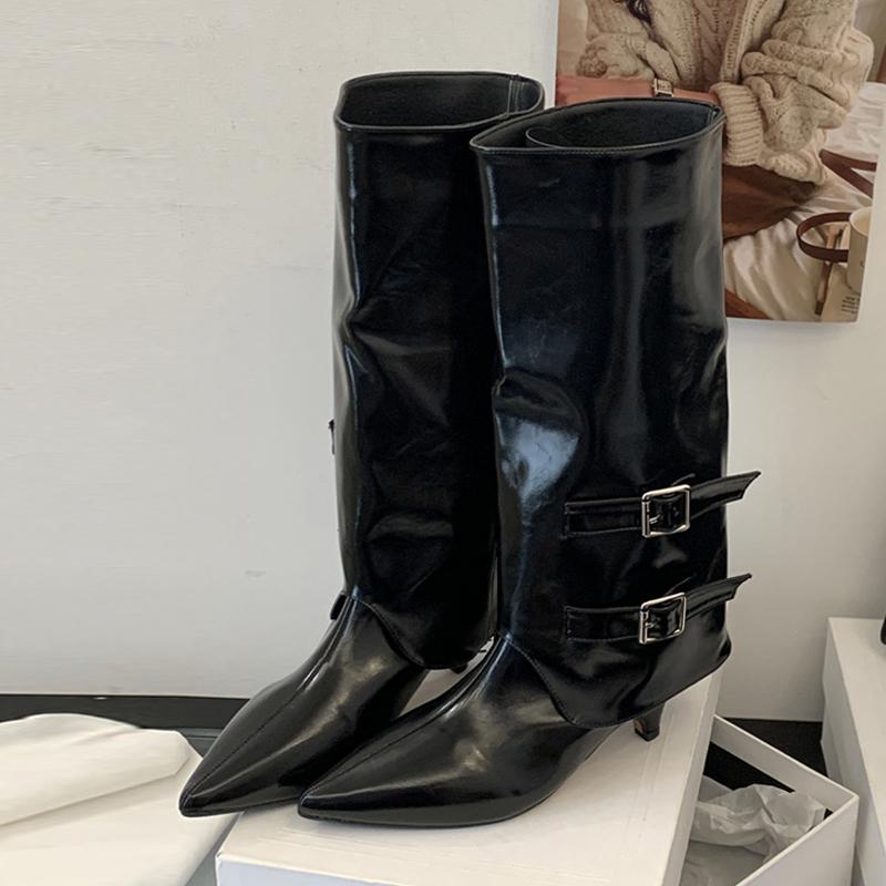 Fashion Liyke Autumn Winter Wine Red Leather Ladies Long Shoes Elegant Pointed Toe Double Belt Buckle Knee High Boots Women Low Heels