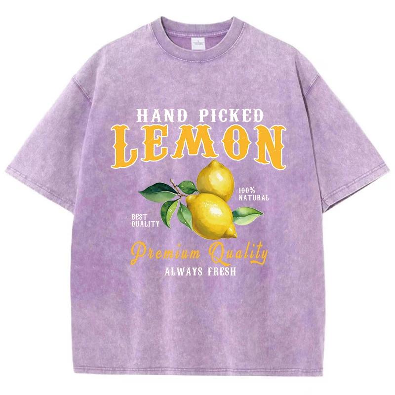 Woman Washed T-Shirts Hand Picked Lemon Always Fresh Print Short Sleeve Cotton Crewneck Oversize Tops Vintage Clothes