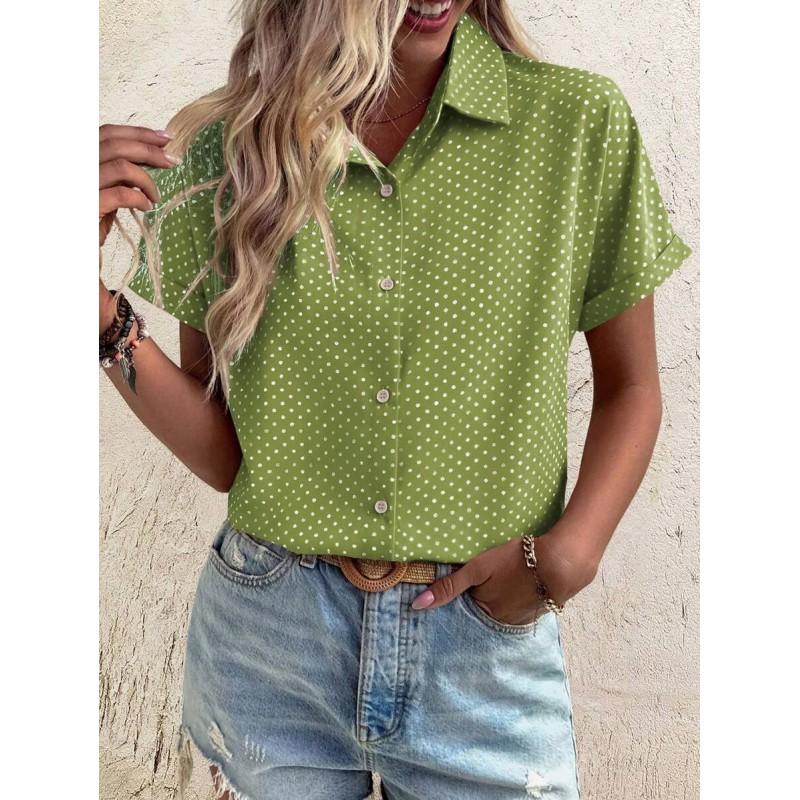 Womens Loose Fit Short Sleeve Printed Shirt Casual Vacation Style Collared Open Front Top