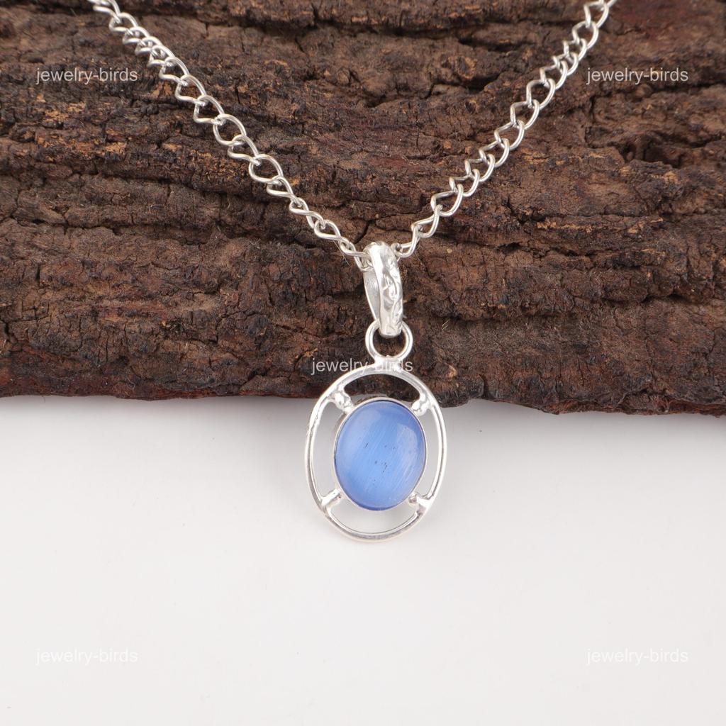Dark Blue Cat'S Eye Stone 925 Silver Mother Gift Engagement Handcrafted Pendant PP-6-44