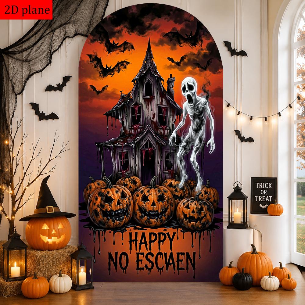 Joyful Halloween Arched Backdrop with Ghost, Ghost Face, and Pumpkin Patterns, Adding a Spooky Halloween Atmosphere