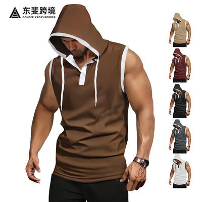 Chaleco deportivo de fitness de talla grande europeo y americano, chaleco de color liso de secado rápido para verano, sin mangas, con capucha, camiseta para hombre