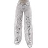 Dames Jeans med blonde-lapper, avslappet baggy rett vidde, denimbukser med middels høy midje, blomstermønster, uthulede jeans