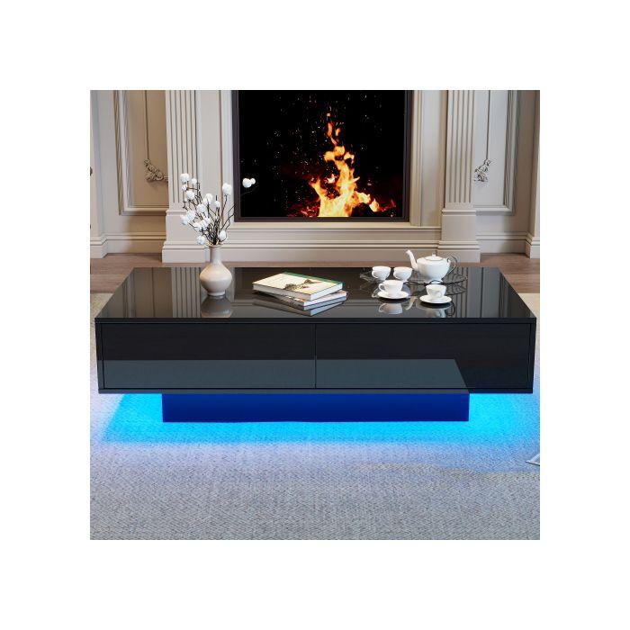 Table basse - MUVOE - Moderne - Noir brillant - 2 tiroirs - Éclairage LED