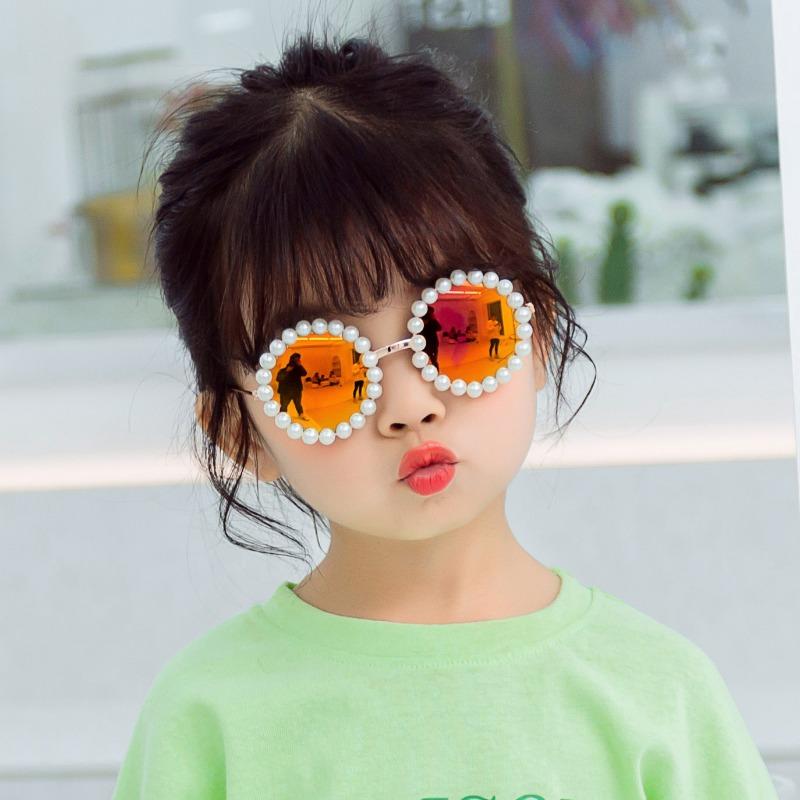 New Children'S Circle Form Sunglasses Girl Decorative Pearl Frame Fashion Sun Glasses Cute Baby Outdoor Sunshade Eyewear Uv400