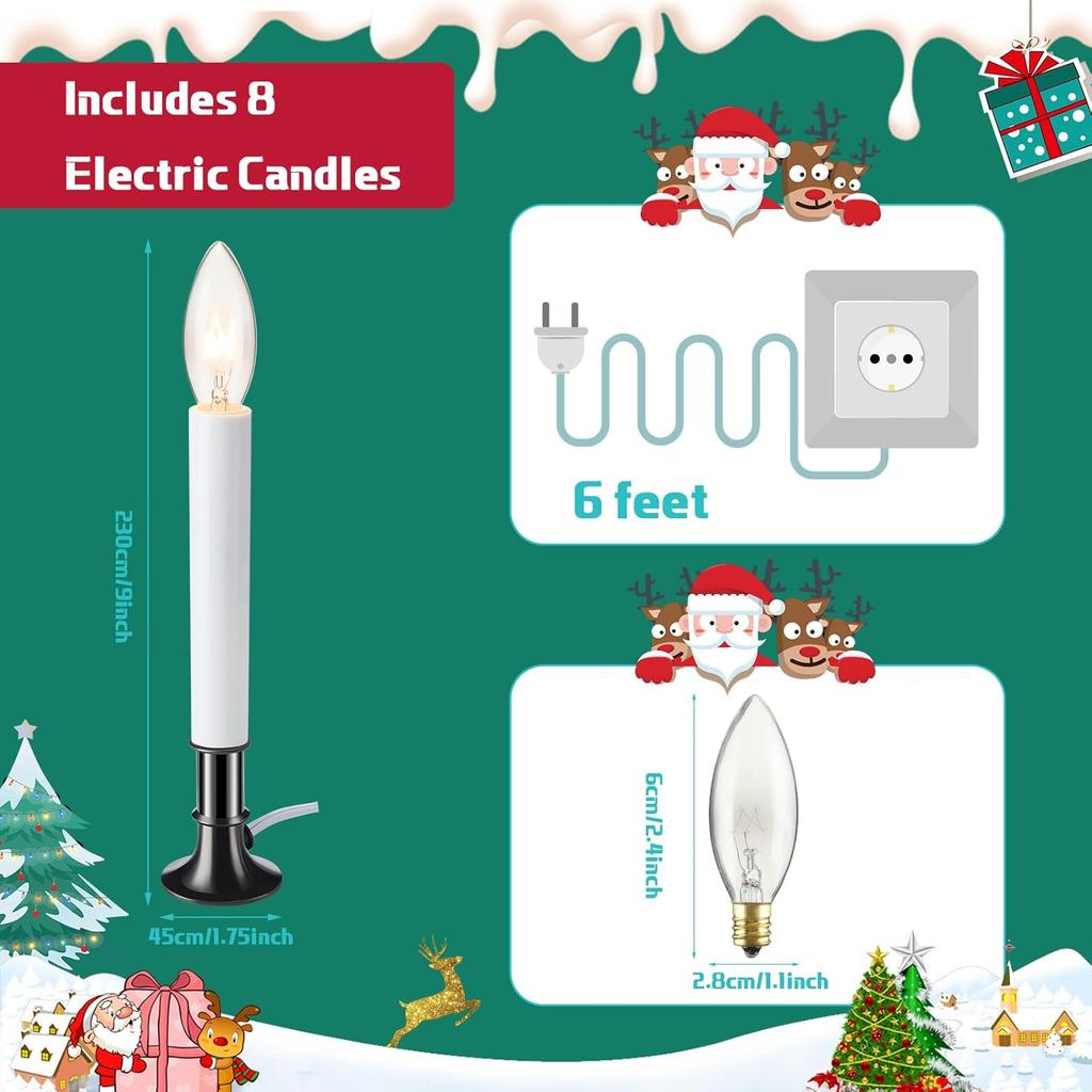 8 Pieces Electric Window Candle with Pewter Plated Base Window Candle Light Sensor Turns with Automatic On/Off for Home Christmas Holiday Party