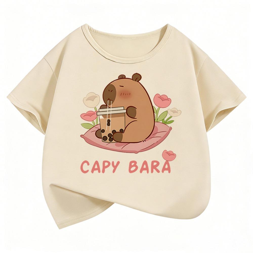 Kawaii Capybara Kids Tshirts Summer Short Sleeve Tees Cartoon Animal Boys Girls Clothes Kawaii Tops Y2K Children T-shirt