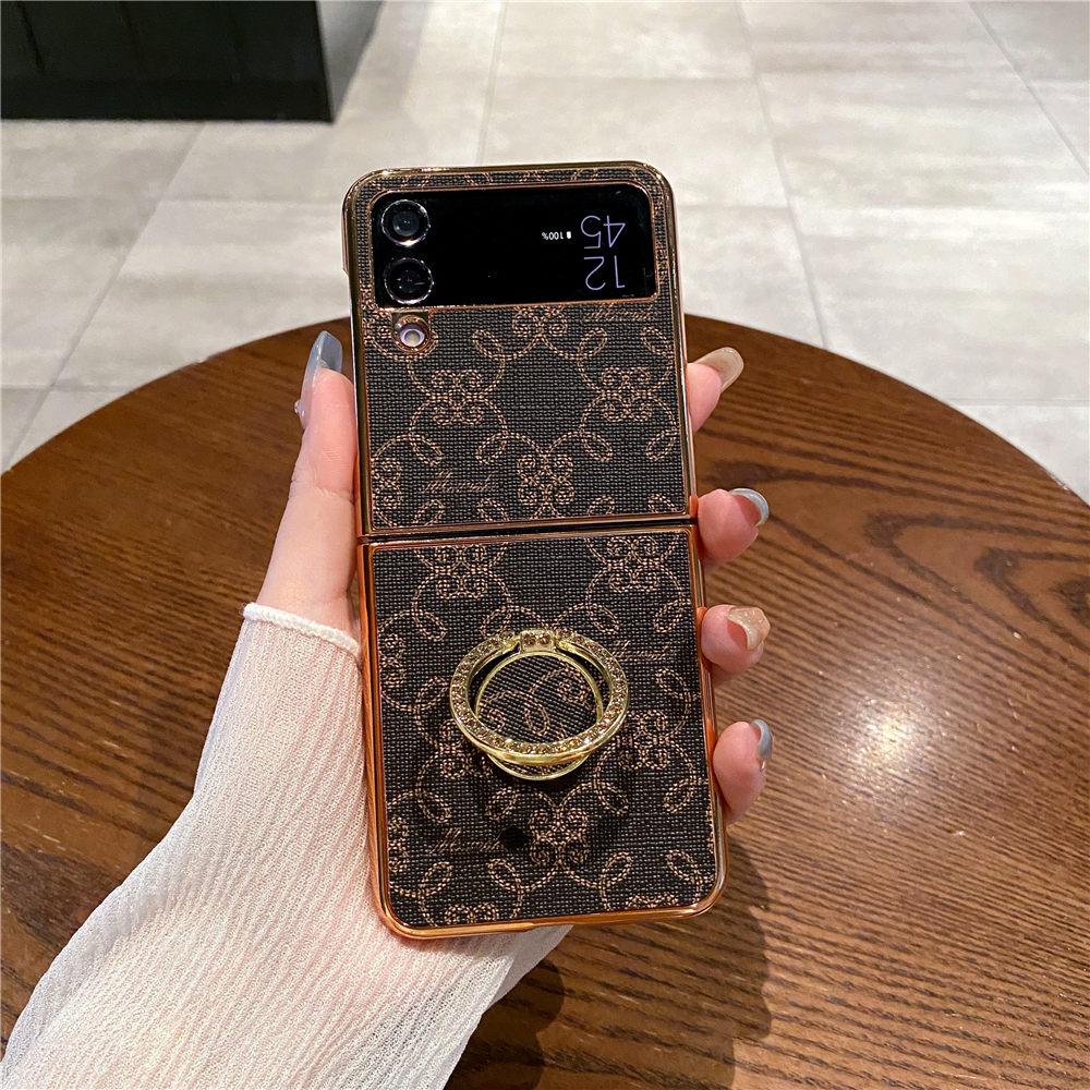 Electroplating PU Leather Ring Stand Case For Samsung Galaxy Z Flip 6 Flip 5 Flip 4 3 Flower Protective Cover Funda