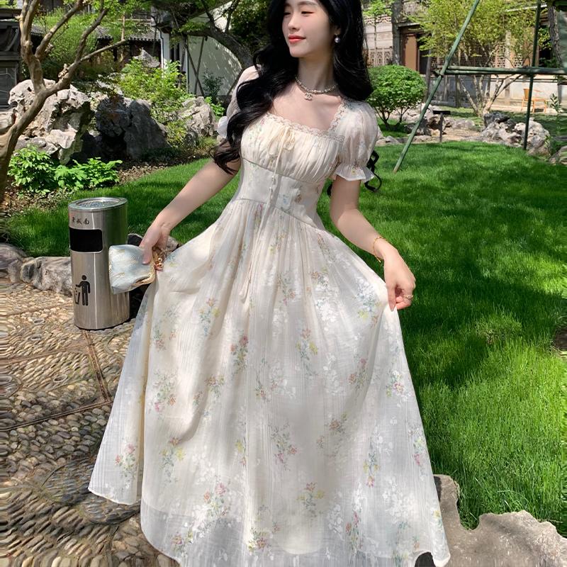 Summer Sweet Square Collar Floral Chiffon Dress Women Elegant Short Sleeve  Ruffles Party Dresses Female Korean Chic Vestidos  buy the best products  in the Ayzeze online store