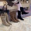 Inner Height Increasing Pointed Suede Skinny Medium Knight Boots Women's Boots Autumn Winter Western Cowboy Pile Boots