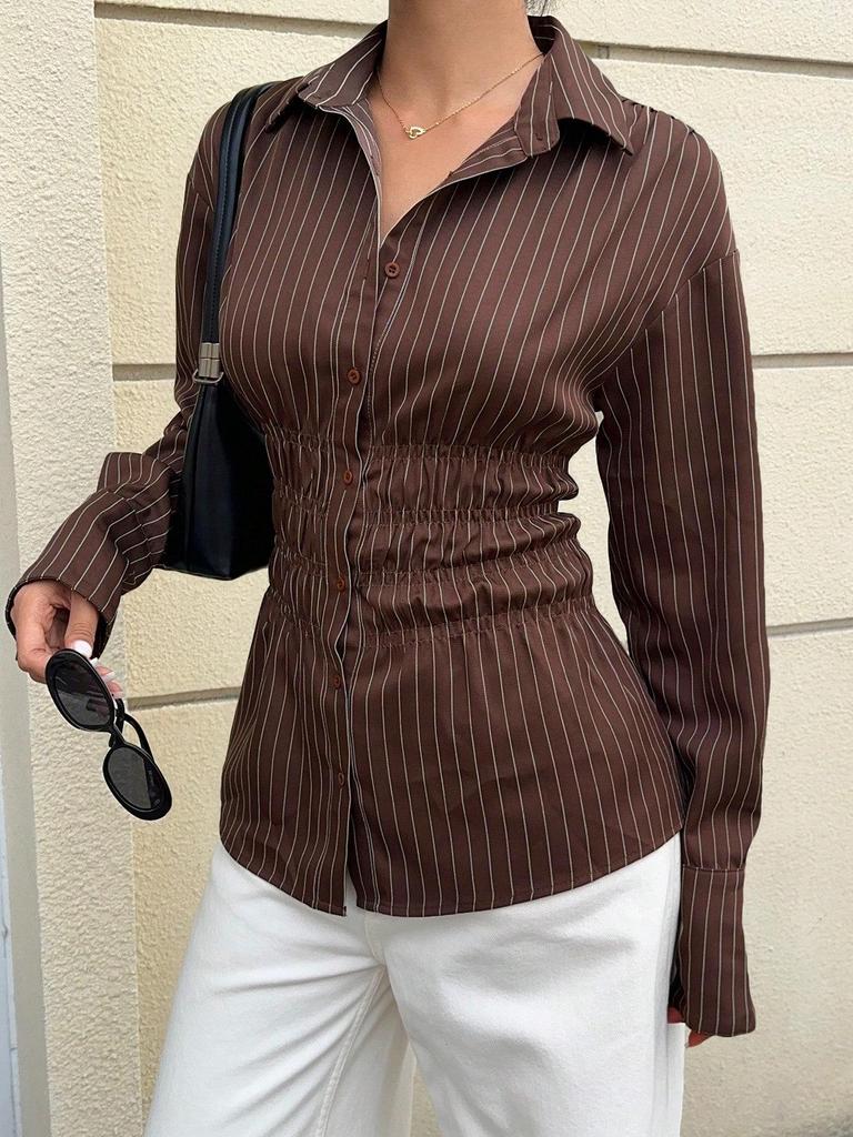 Euro-American Spicy Girl Striped Slim Fit Lapel Retro Long-Sleeve Shirt