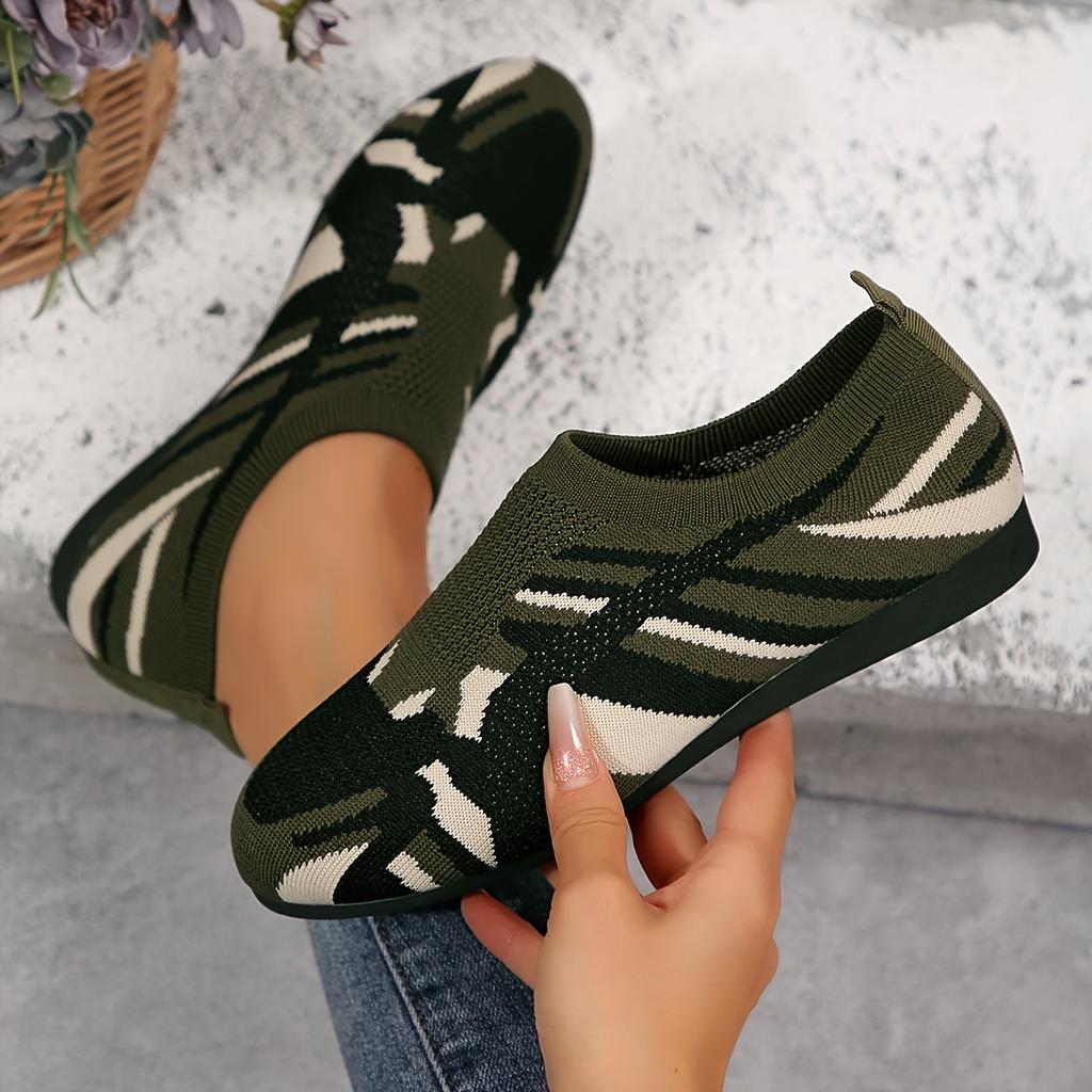 Women's Camouflage Pattern Flat Shoes, Breathable Knit Slip On Outdoor Shoes, Lightweight Low Top Shoes