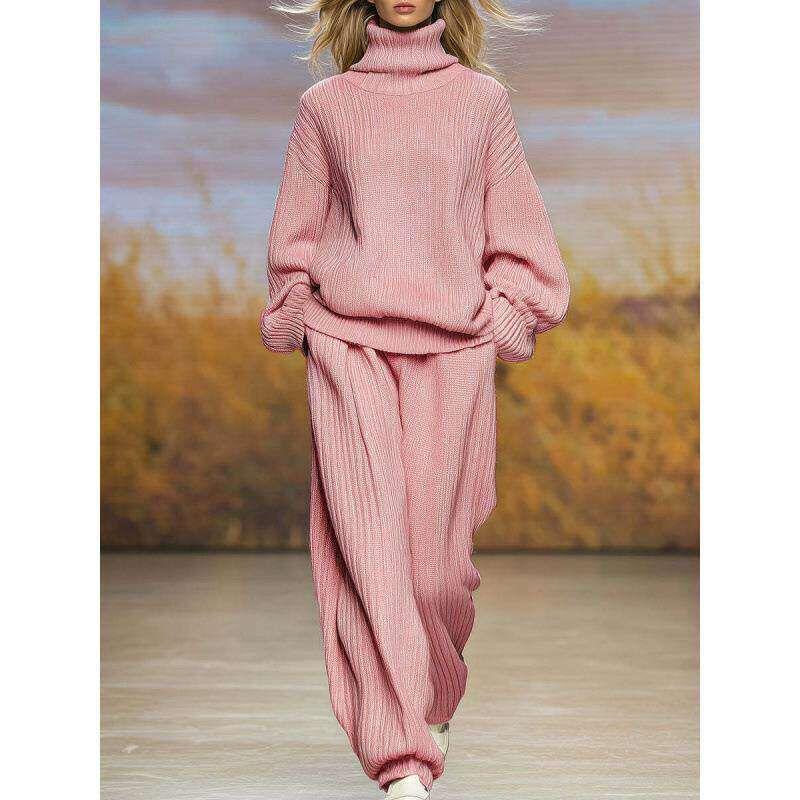 New Casual Knitted High Neck Wide Leg Pants Fashion Set
