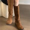 Fashion Women's Knee Boots 2025 Autumn Fashion Round Toe Platform Metal Buckle Suede Leather Long Boots Non-Slip Retro Cowboy Boots