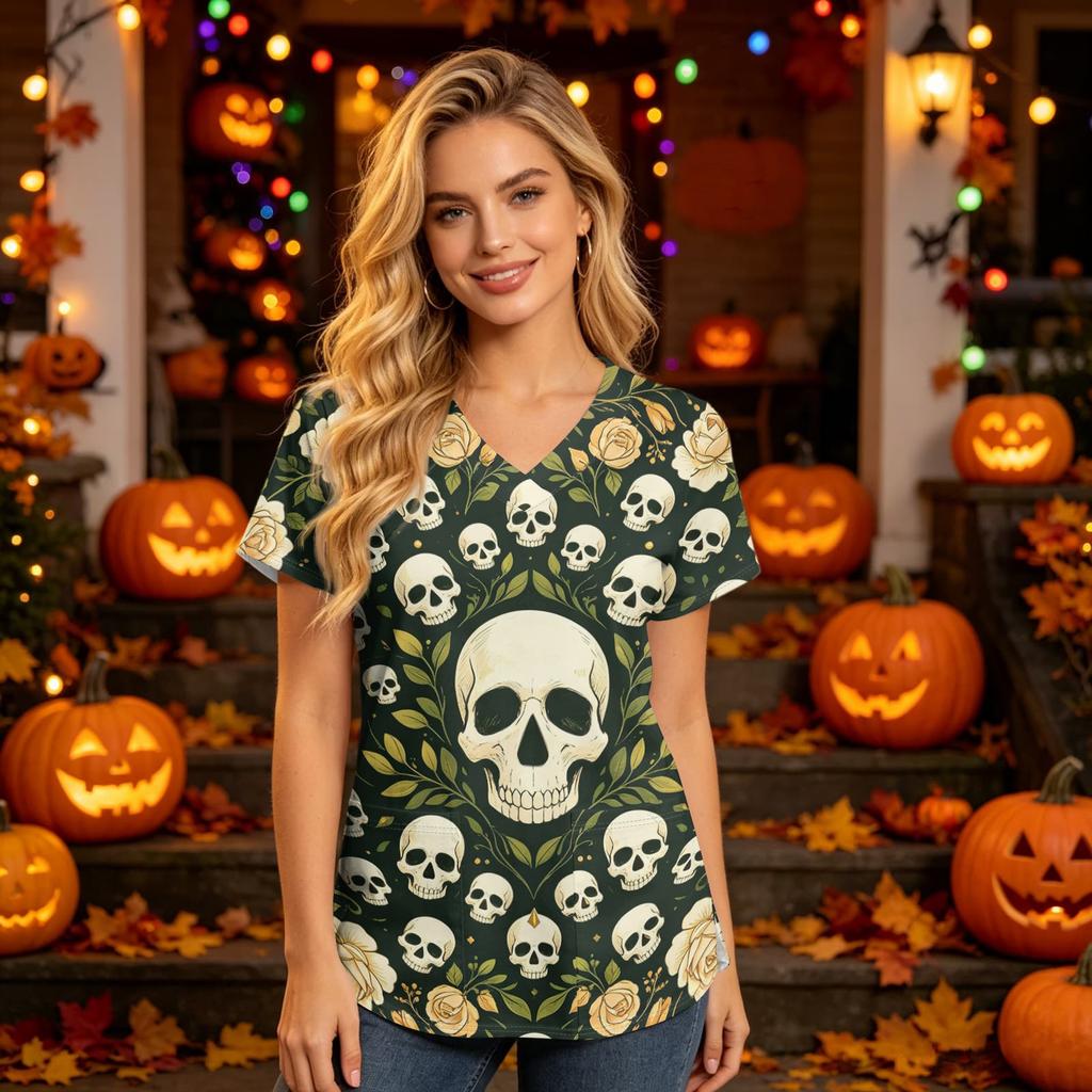 Damski top medyczny z dekoltem w serek, krótkim rękawem i kieszeniami, z nadrukiem Halloween, uniform opiekuna