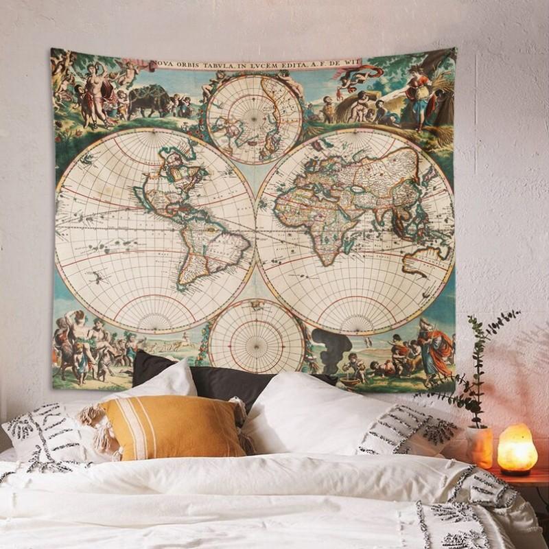 Old World Map Tapestry Polyester Nautical Compass Wall Art Vintage Tapestries for Living Room Bedroom Home Decoration 100X70CM