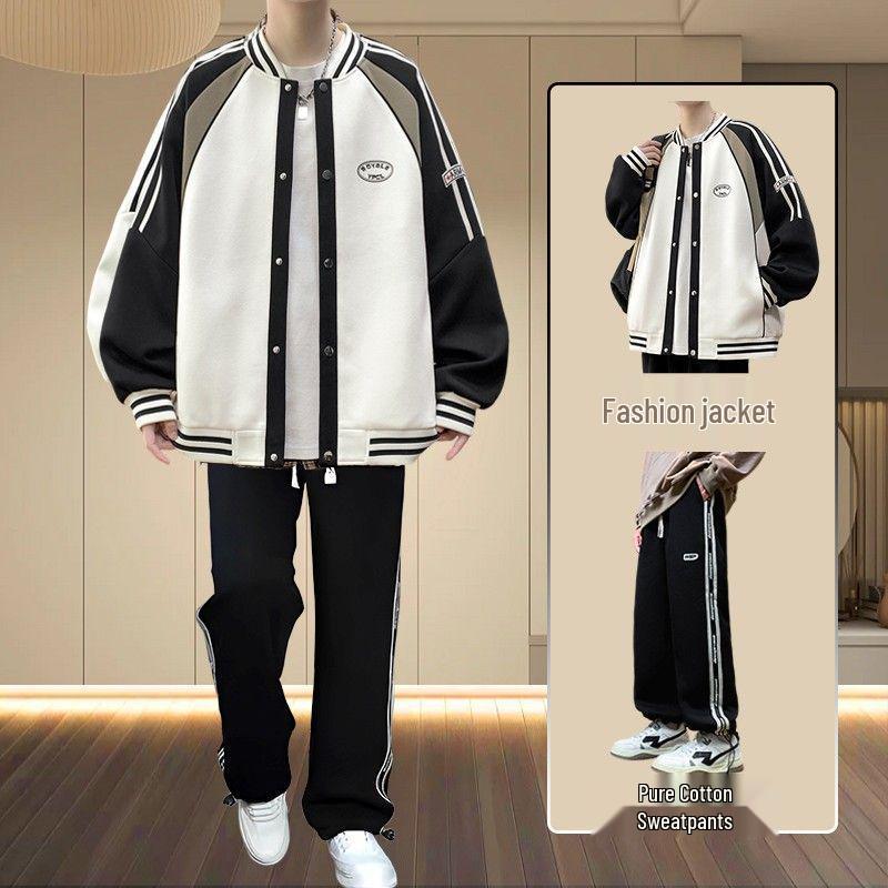 Men's Spring/Fall American Baseball Jacket: Trendy Hong Kong Style for Teens with Round Neck and Stylish Print