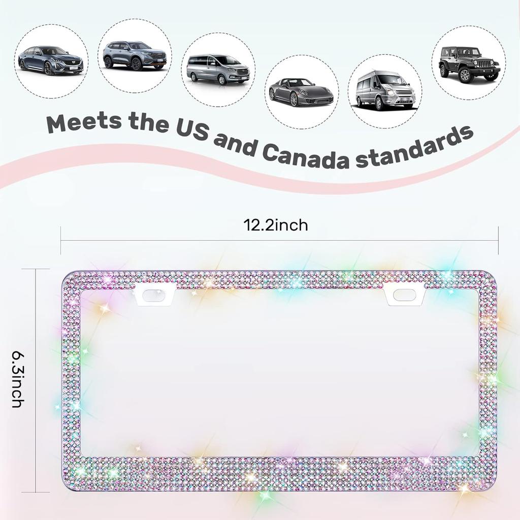 2 Pack Bling License Plate Frames, Sparkly Rhinestone Diamond Car License Plate Cover For Women, Stainless Steel Car Accessories With Glitter Crystal