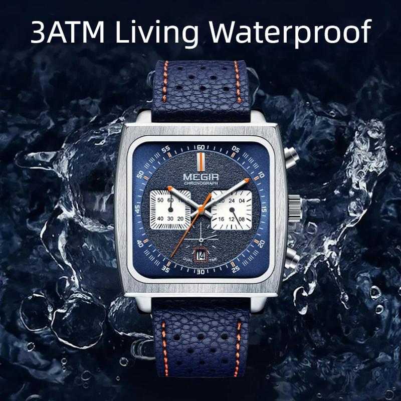 Megir Blue Black Square Dial Men's Casual Leather Strap Date Waterproof Night Light Retro Design Men's Quartz Clock Reloj