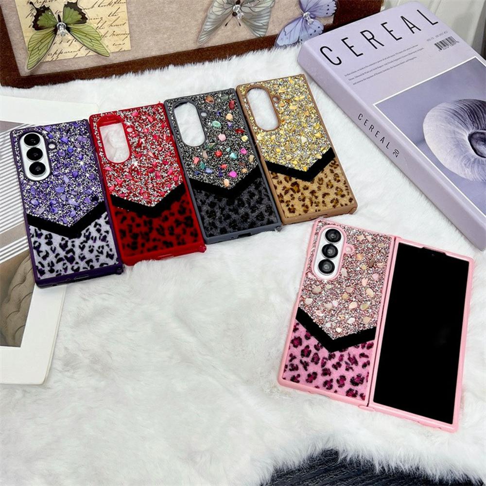 For Samsung Galaxy Z Fold7 5G Case Stone Decor Glitter Leopard Splicing Plush PC Phone Cover