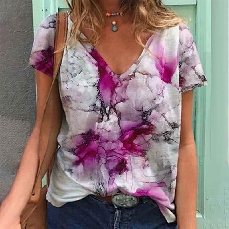 Women's V-neck Short Sleeve T-shirt Gradient 3D Printed T-shirt Personality Fashion Streetwear Girls Short Sleeve Top Clothing