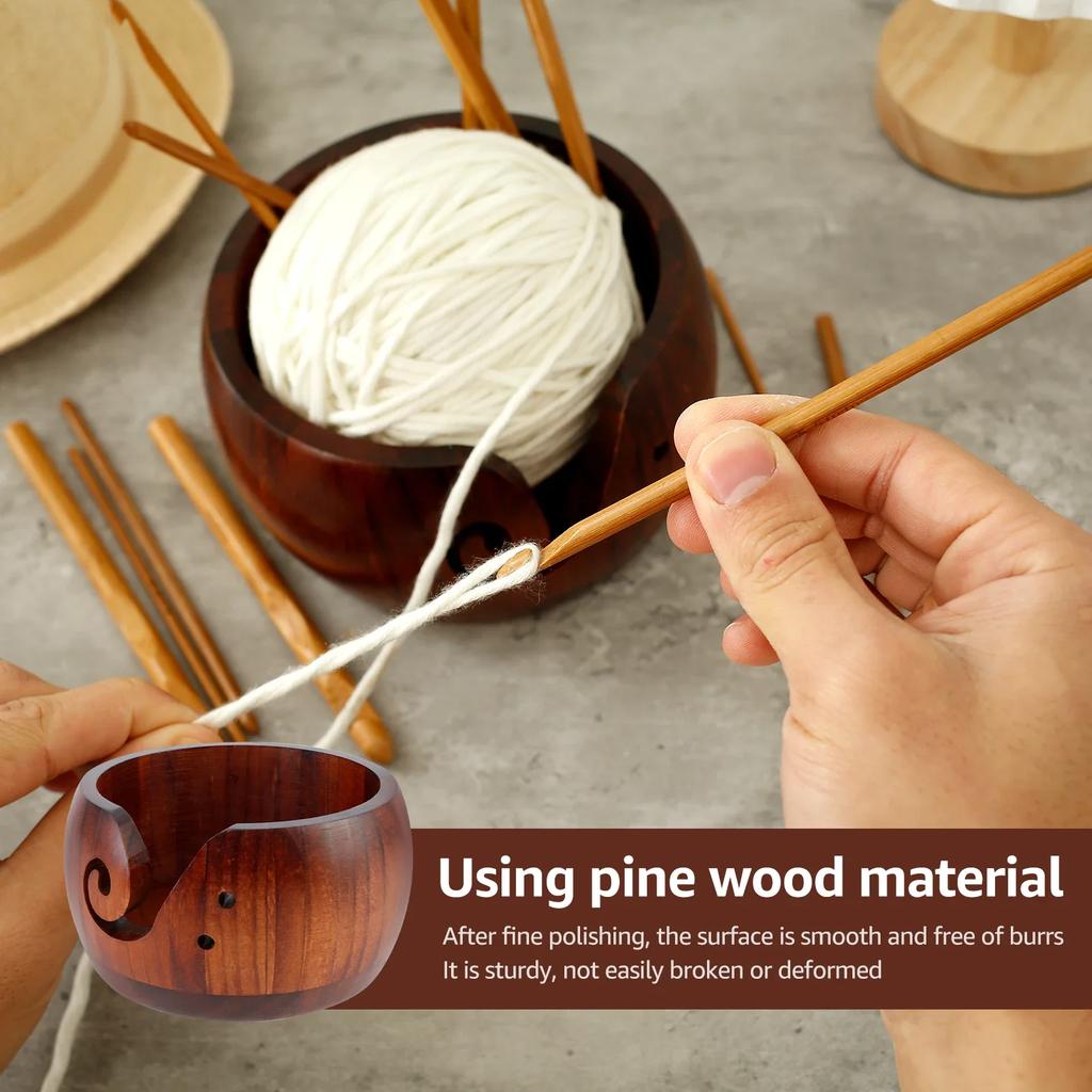 Yarn Bowl Holder with 12 Pcs Crochet Hooks Wood Yarn Bowl Curling Grooves Design Knitting Bowl Smooth Knitting Yarn Bowl Holder