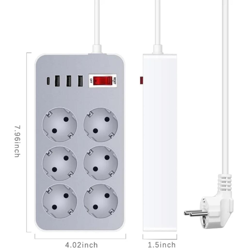 10 In 1 EU Plug Switch Power Strip 1.8 M 4 USB Ports (3 USB A + 1 USB C) And 6 Outlets, Surge Protection Smart Charging Station