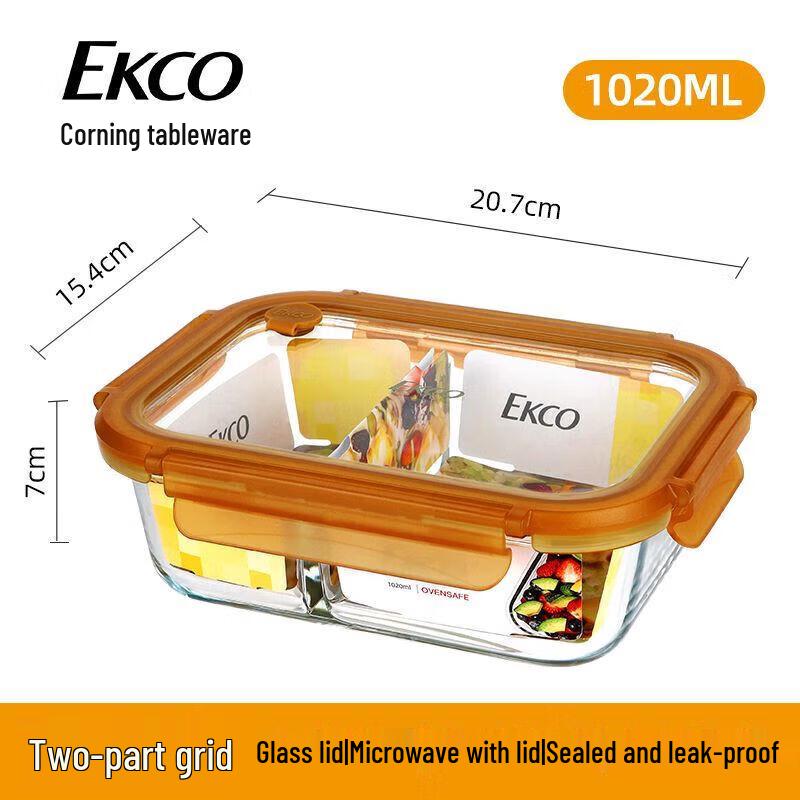 EKCO Corning 1020ml Square 2-Compartment Glass Lunch Box