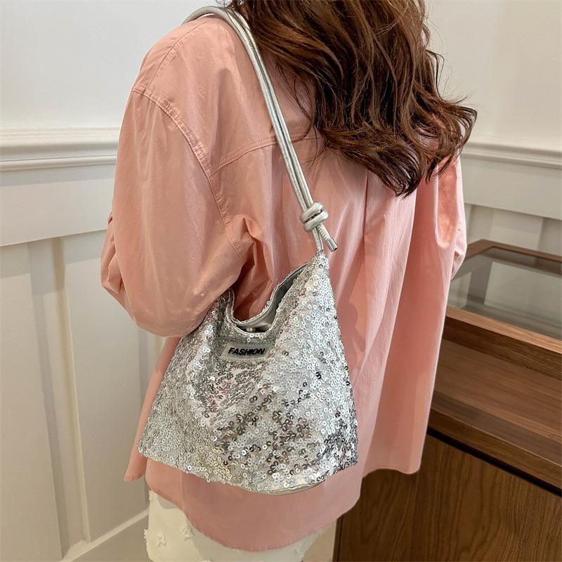 Shiny Sequins Underarm Shoulder Bag for Women PU Leather Bling Small Bucket Messenger Bag Fashion Designer Shopping Handbags