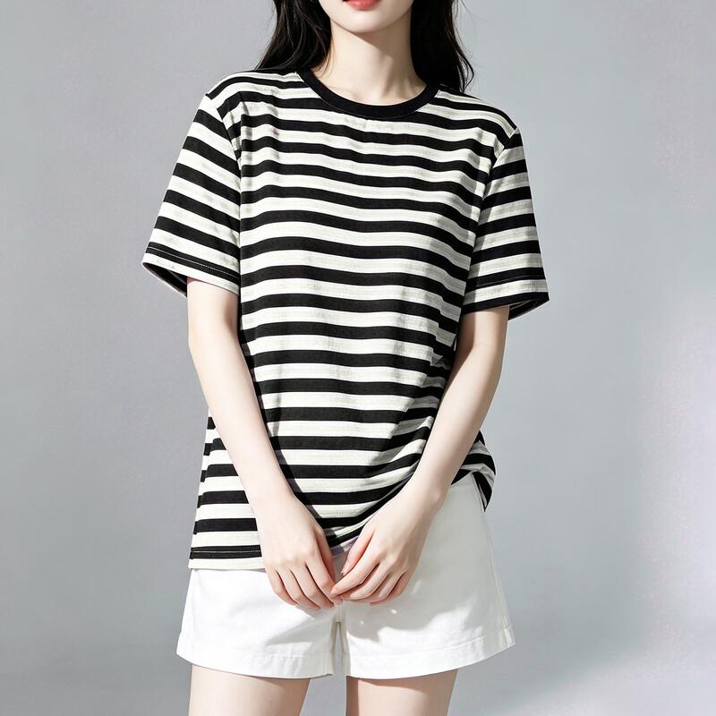 Women's 100% Mulberry Silk Striped Short-Sleeve T-Shirt