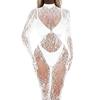Women Sex Jumpsuit Hollow Out See-through Lace Fishnet Long Sleeves High Elasticity Thin Skinny Half-high Colllar Lady Honeymoon Wedding Jumpsuit