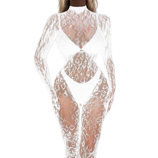 Women Sex Jumpsuit Hollow Out See-through Lace Fishnet Long Sleeves High Elasticity Thin Skinny Half-high Colllar Lady Honeymoon Wedding Jumpsuit