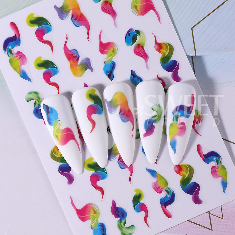 1Pcs Ink Blooming 3D Nail Stickers Gradient Abstract Geometric Wave Line Stripe Nail Art Sliders Decal Manicure Decor