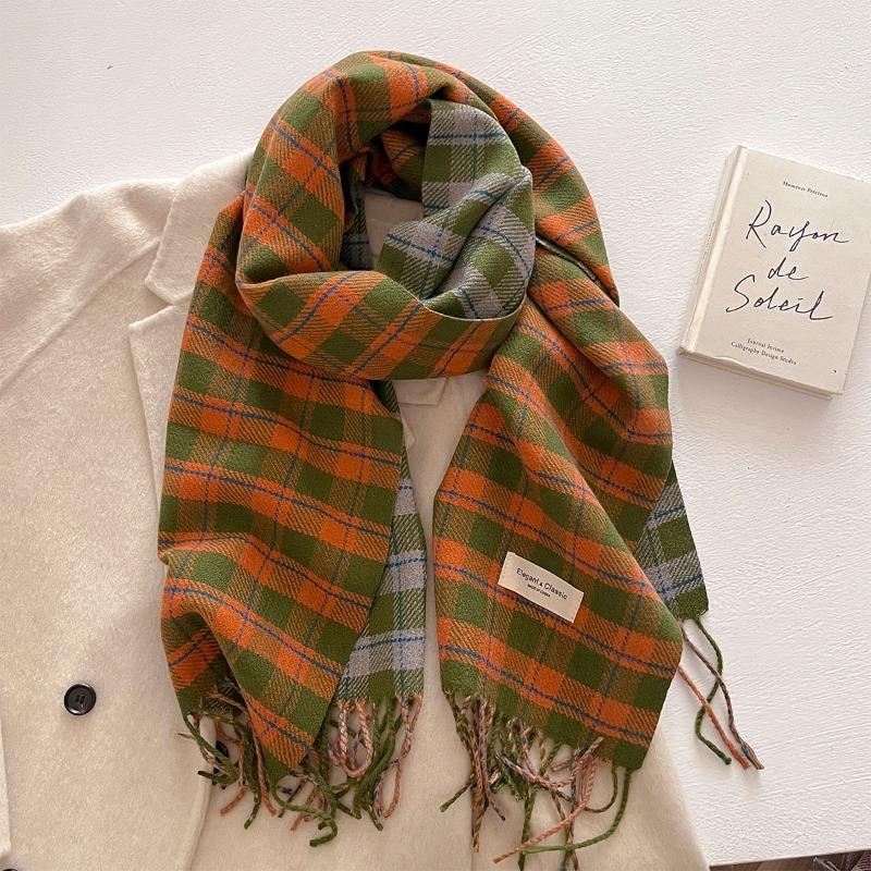 

Autumn and winter new plaid thickened imitation cashmere warm long towel women s versatile college style thick beard fringed scarf scarf 42*202cm