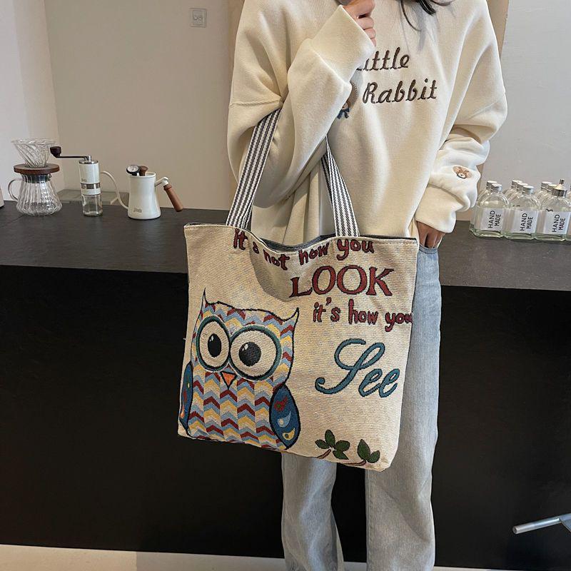 2025 Embroidered Cartoon Canvas Tote: Large Capacity Women's Casual Shoulder Handbag