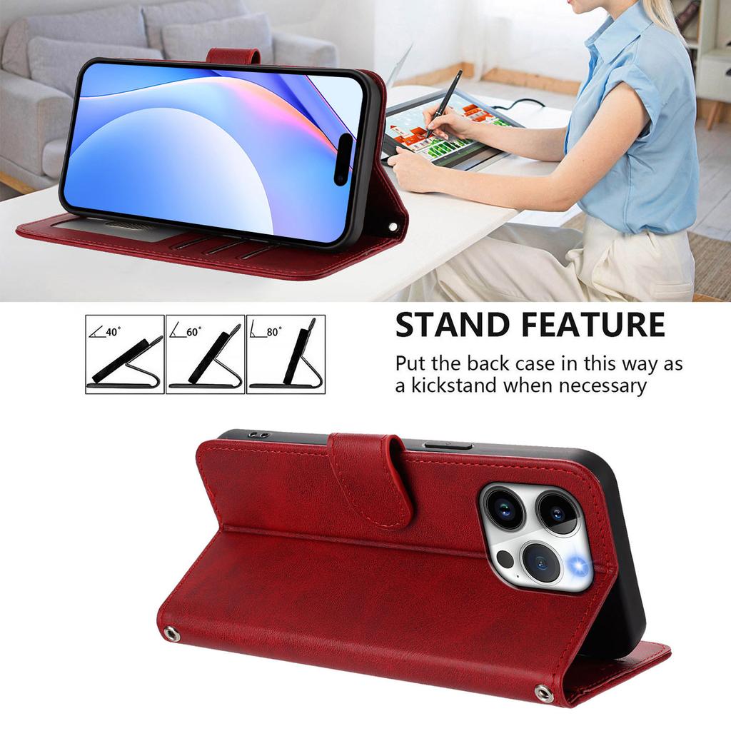 For iPhone 16 Pro Max Wallet Case RFID Blocking Calf Texture Leather Stand Phone Cover with Strap