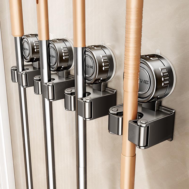 Rotating Suction Mop Clip Wall Mount - No-Drill Broom Holder for Bathroom Cleaning Tools