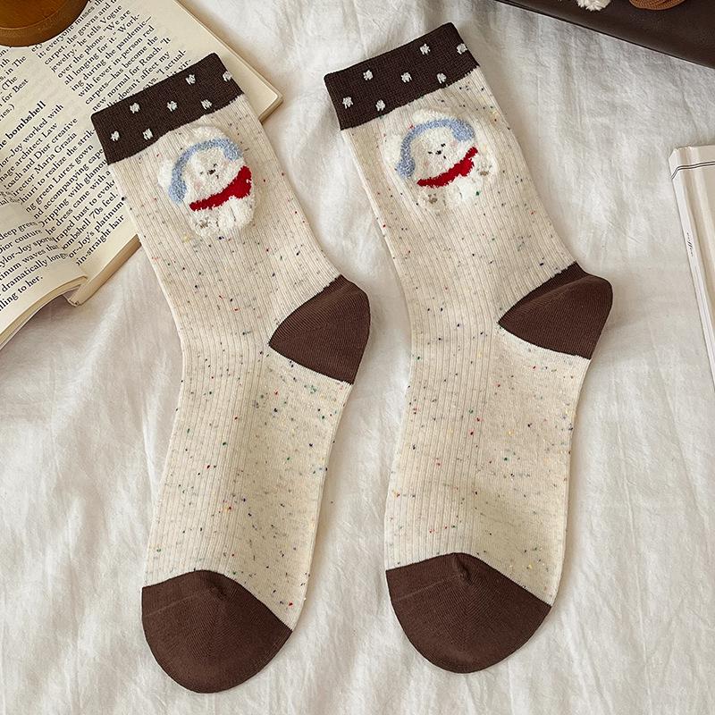 

Женские бесшовные носки до середины икры из точечной пряжи - Милый мультяшный стиль для весны и осени One Size