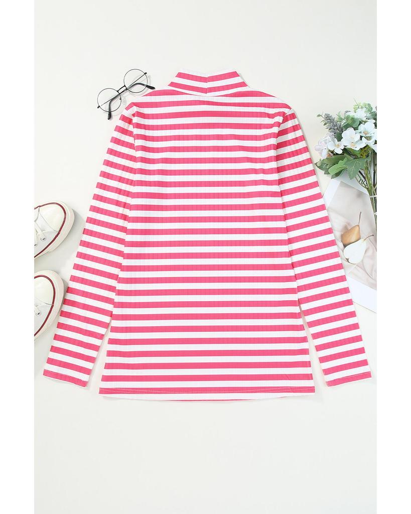 Azura Exchange Strawberry Pink Striped Print Textured Knit Long Sleeve Tee